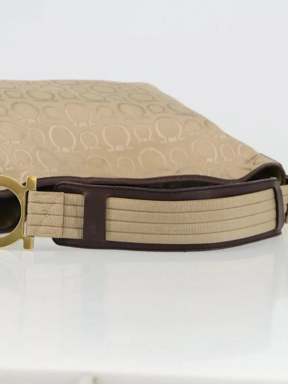 Salvatore Ferragamo Shoulder Bag Canvas Beige Gold Auth hk3800